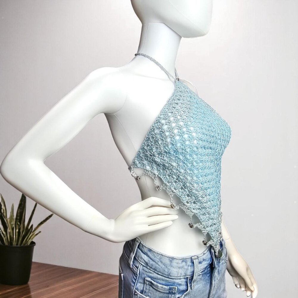 🌊 Sky Blue Crochet Halter Top‎ – Lightweight & Lined - Picture 3 of 8